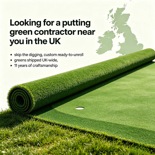 A custom-built artificial putting green unrolled in a UK back garden, designed for year-round putting practice without any digging or groundwork.